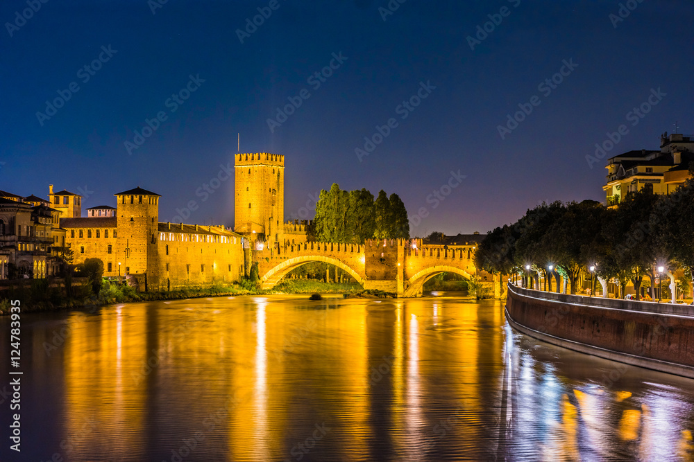 Castle Vecchio at summer night in Verona, Italy. Beautiful travel photo of Italy. Castle Vecchio at summer night in Verona, Italy. Beautiful travel photo of Italy.