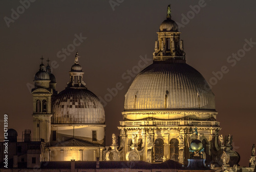 Italy beauty, detailed view to cupolas of cathedral Santa Maria della Salute in the evening in Venezia, Venice
