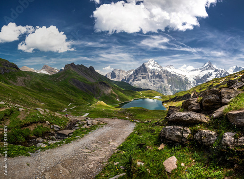 Swiss beauty, Schreckhorn and Wetterhorn mounts from path above Bachalpsee lake photo