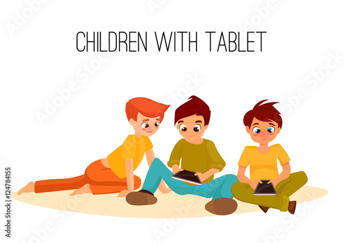 Children girls of different ages played in tablet. gadget addiction