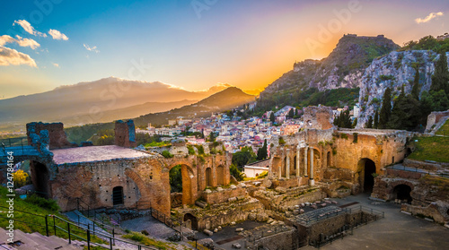 The Ruins of Taormina Theater at Sunset. Beautiful travel photo, colorful image of Sicily. photo