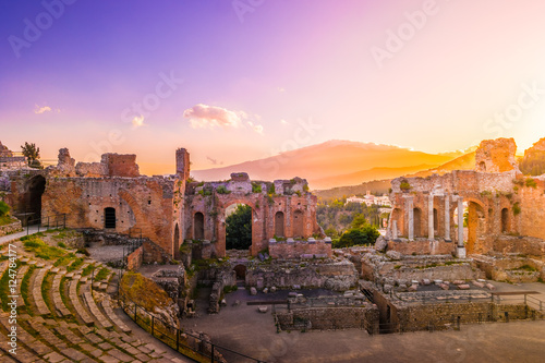 The Ruins of Taormina Theater at Sunset. Beautiful travel photo, colorful image of Sicily.