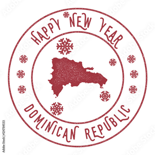 Retro Happy New Year Dominican Republic Stamp. Stylised rubber stamp with county map and Happy New Year text, vector illustration.