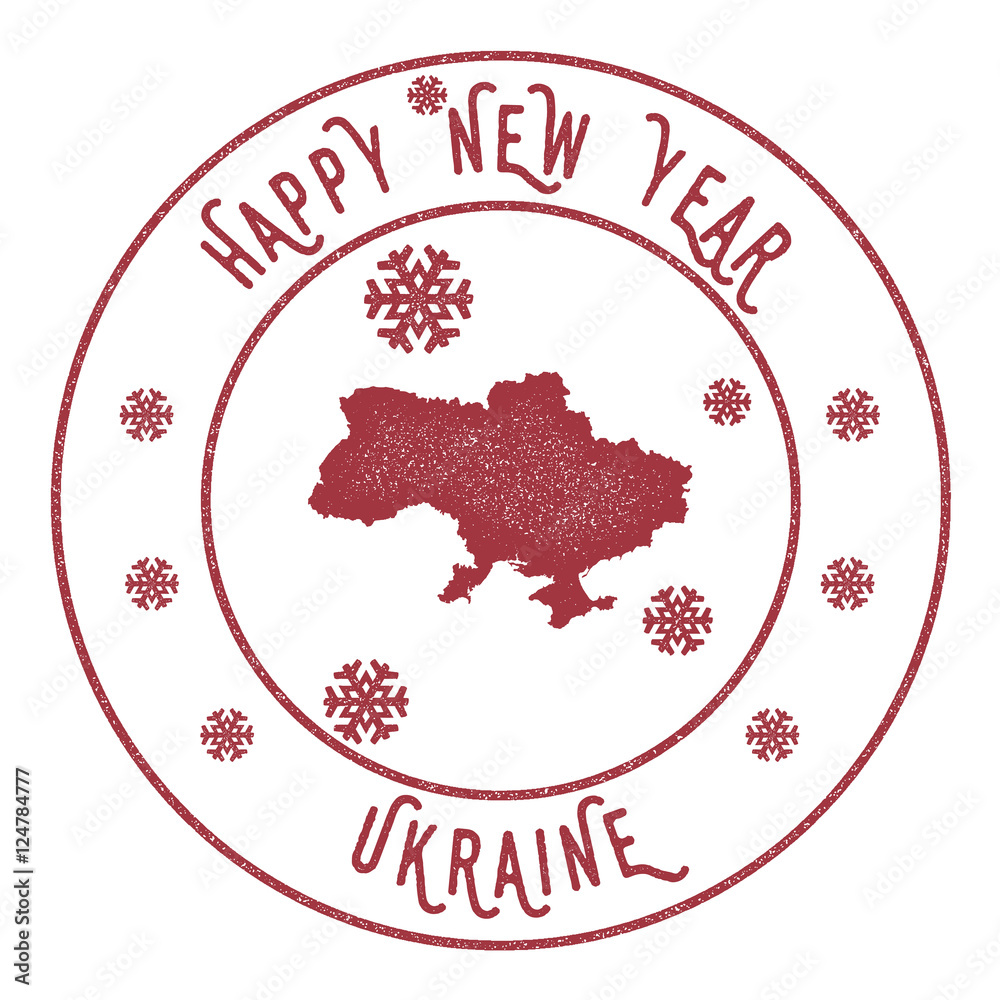 Retro Happy New Year Ukraine Stamp. Stylised rubber stamp with county map and Happy New Year text, vector illustration. Retro Happy New Year Ukraine Stamp. Stylised rubber stamp with county map and Happy New Year text, vector illustration.