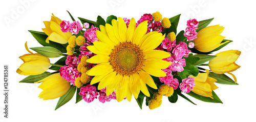 Sunflower, tulips and hawtorn flowers arrangement photo