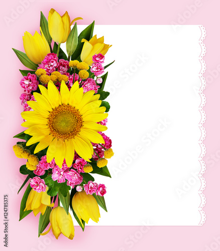 Sunflower, tulips and hawtorn flowers background photo