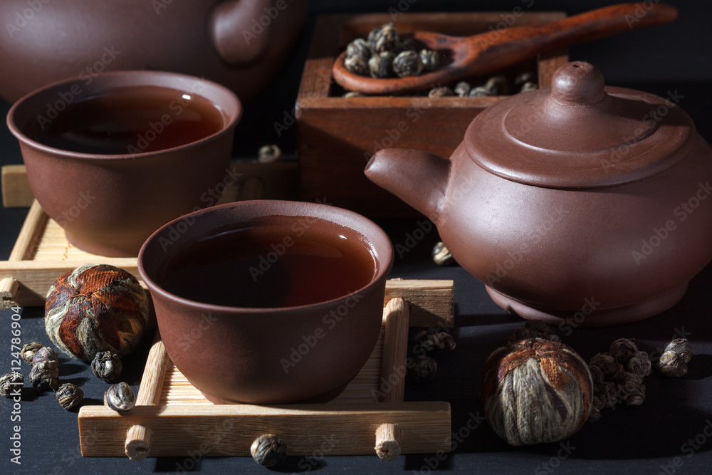 Ceramic tea set with green tea close up