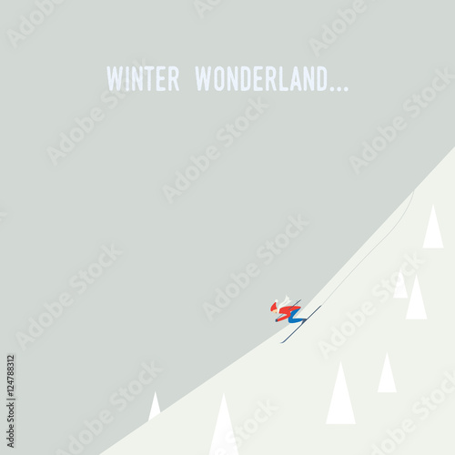 Skiing poster illustration vector. Downhill skier going down the slope at speed. Flat design cartoon.