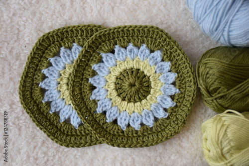 Hexagonal blanks knitted crocheted. Craft flat lay