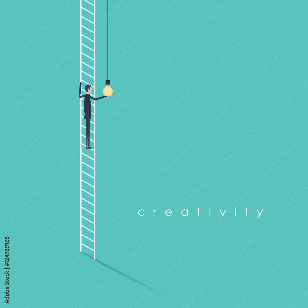 Creativity business concept with businessman standing on ladder screwing in lightbulb. - obrazy, fototapety, plakaty 