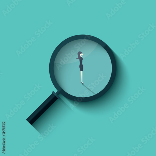 Hiring business vector concept with  woman in magnifying glass.