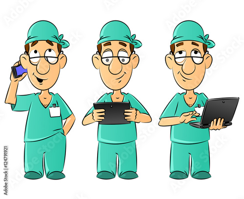 Cartoon doctor with a mobile phone, tablet PC and laptop. A large series of mascots.