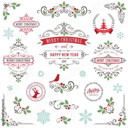 Ornate Christmas frames and swirl elements with Merry Christmas quotes and banners, snowflakes, tree, Holly Berry and bird.