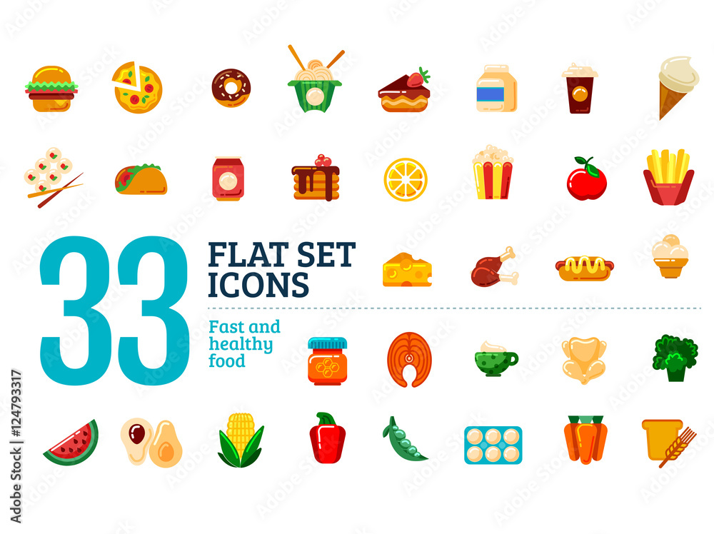 Flat set icons. Fast and healthy food.