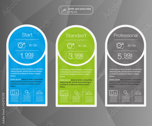 Price list,  three tariffs. Set tariffs. Interface for the site.