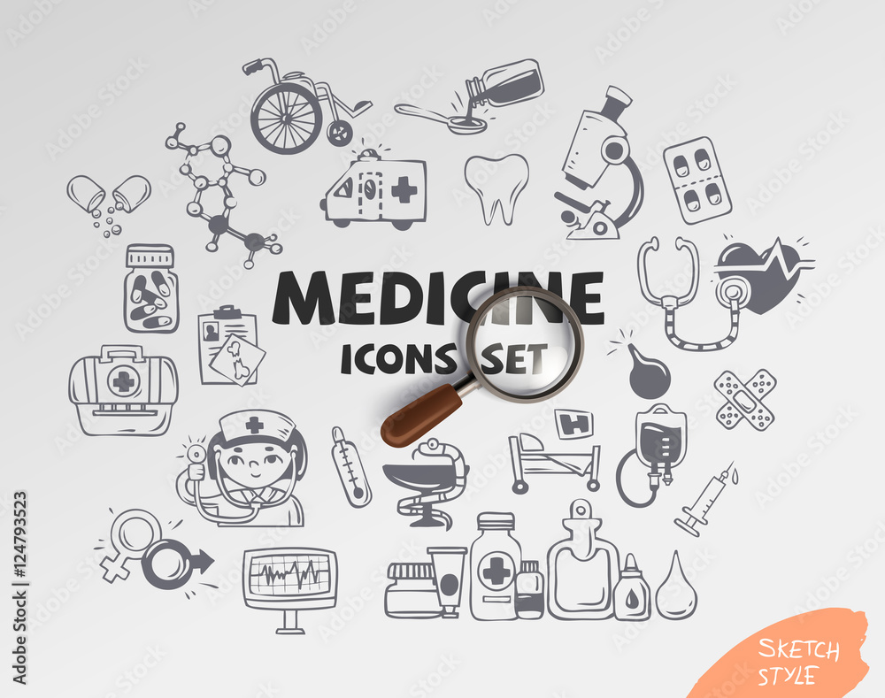 Medicine icons set sketch style