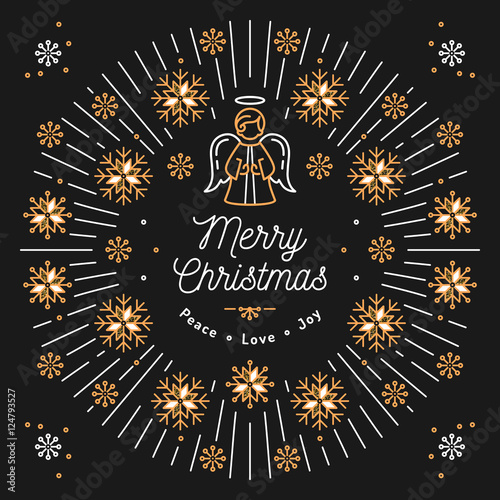 Merry Christmas card, Mono thin line art Golden snowflakes and sun bursts or bursting rays. Christmas angel. Minimal design, Corporate business style, Christmas religious poster. Vector isolated