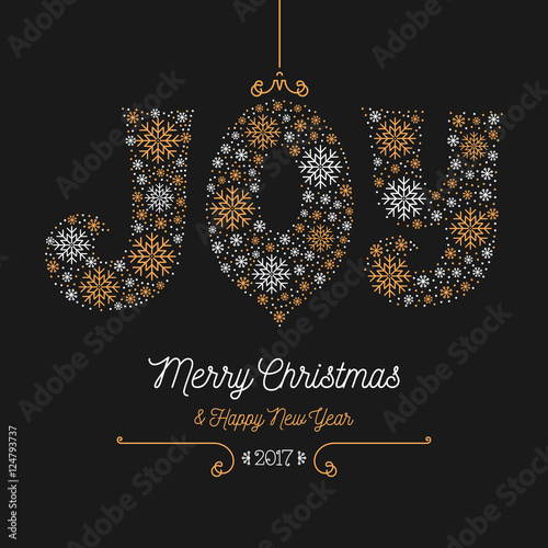 Joy lettering of snowflakes, Merry Christmas and Happy New Year 2017 greeting card. Style thin mono line, Art Deco, dark background golden elements. Xmas retro flyer, postcard, Vector minimal design