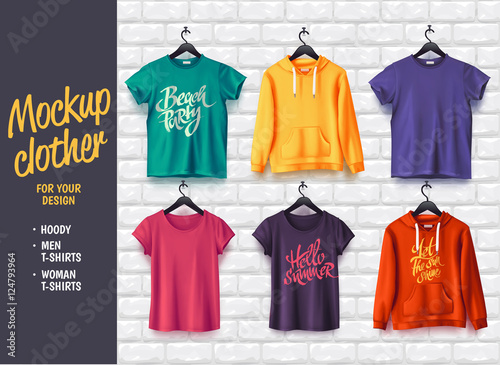 Mockup clothes for your design on a brick wall. Hoody. Men t-shi
