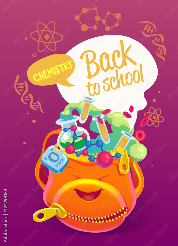 Fototapeta premium Colorful backpack with school subjects. Poster Design in Colorfu
