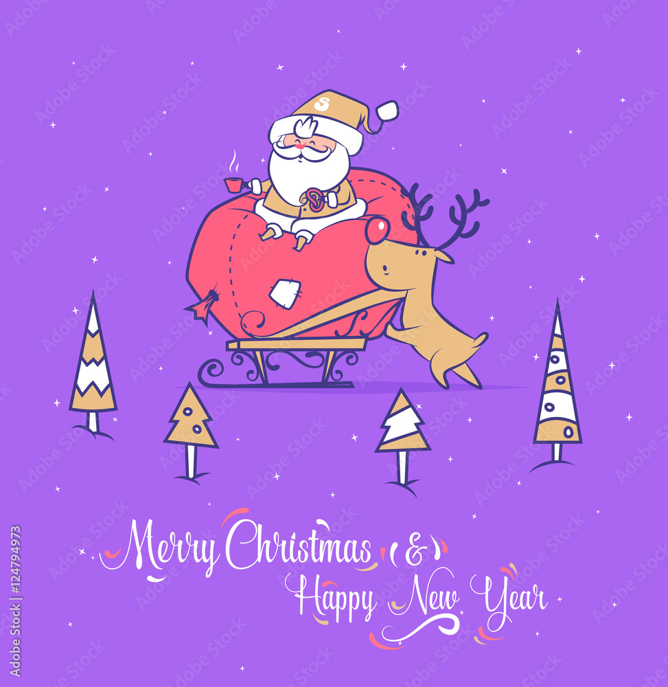 Fototapeta premium Funny santa set . Christmas greeting card background poster. Vector illustration.