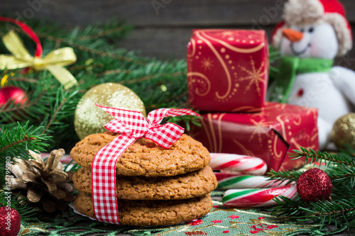 Christmas Composition. Ginger cookies on wooden background.