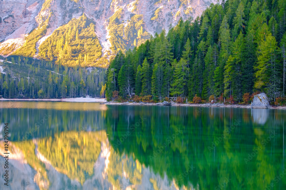 Braies Lake in Dolomites mountains
