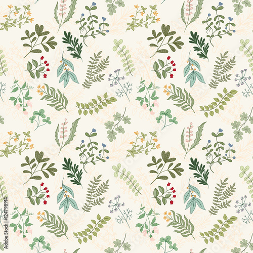 Seamless pattern of flowers  herbs and leaves