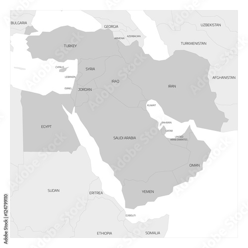 Map of Middle East or Near East transcontinental region with highlighted Western Asia countries, Turkey, Cyprus and Egypt. Flat grey map with country thin black borders.