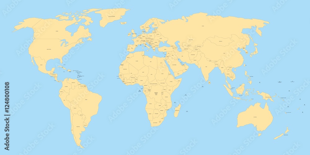 Yellow political world map with black labels of sovereign countries and larger dependent territories. Simplified map with blue sea and ocean. South Sudan included.