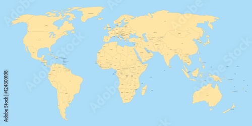 Yellow political world map with black labels of sovereign countries and larger dependent territories. Simplified map with blue sea and ocean. South Sudan included.