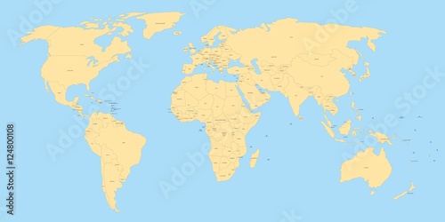 Fototapeta Naklejka Na Ścianę i Meble -  Yellow political world map with black labels of sovereign countries and larger dependent territories. Simplified map with blue sea and ocean. South Sudan included.
