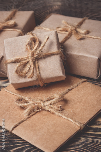 Christmas gifts box presents on brown
