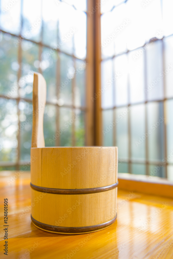 温泉旅館の露天風呂と手桶 Stock Photo Adobe Stock