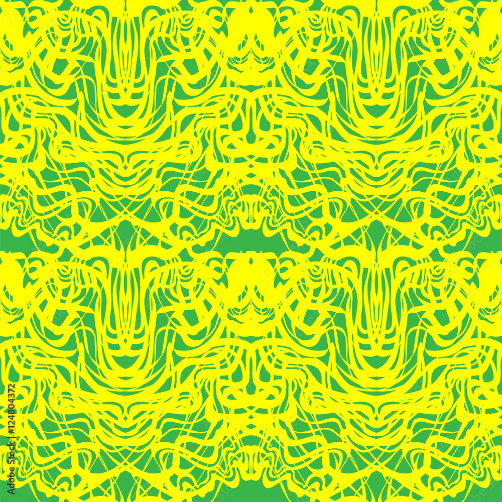 Abstract yellow lace, green moire vector pattern. Abstract tangled curves.