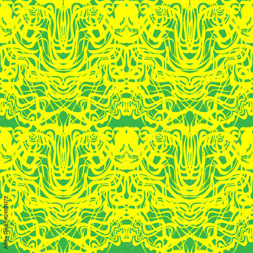 Abstract yellow lace, green moire vector pattern. Abstract tangled curves.