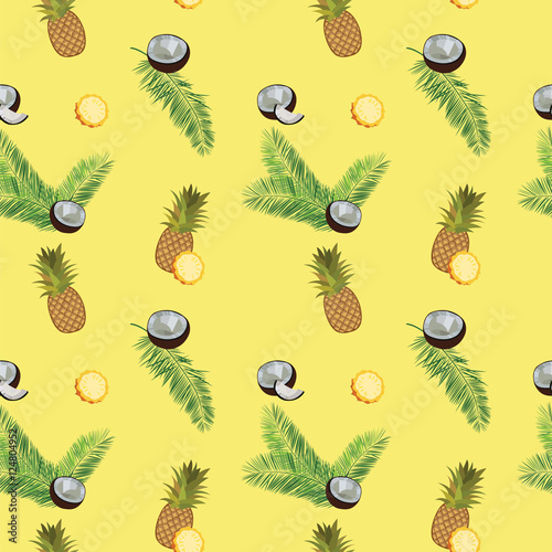Yellow vector seamless  pattern. Pineapple, coconut, palm leaves.