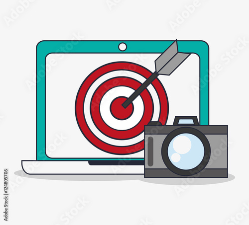 Laptop target and camera icon. Social media and digital marketing theme. Colorful design. Vector illustration