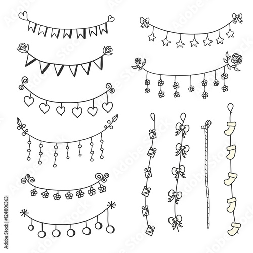 Doodle set bunting and garlands for decorations. Flags ,heart,fl