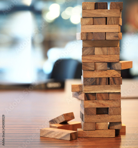  Wood block tower with architecture model, Business concept team work 