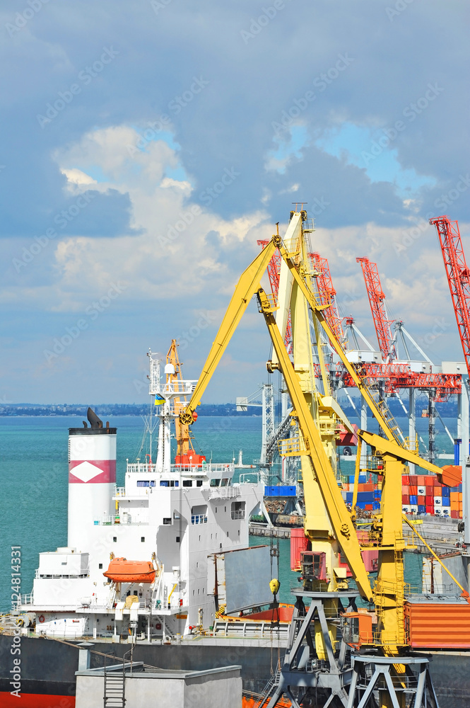 Bulk cargo ship under port crane Bulk cargo ship under port crane