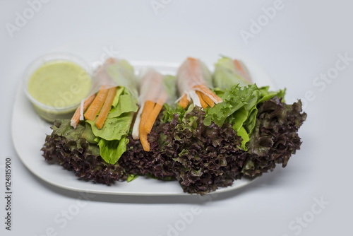 Healthy appetizer plate. Salad rolls. Close up