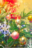 Closeup of Christmas tree decorations background ( Filtered imag