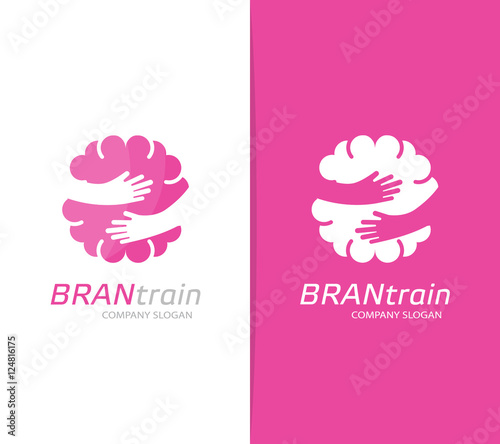 Vector brain and hands logo combination. Education and embrace symbol or icon. Unique science and idea logotype design template.