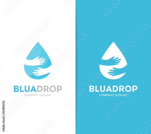 Vector drop and hands logo combination. Aqua and embrace symbol or icon. Unique water and oil logotype design template.