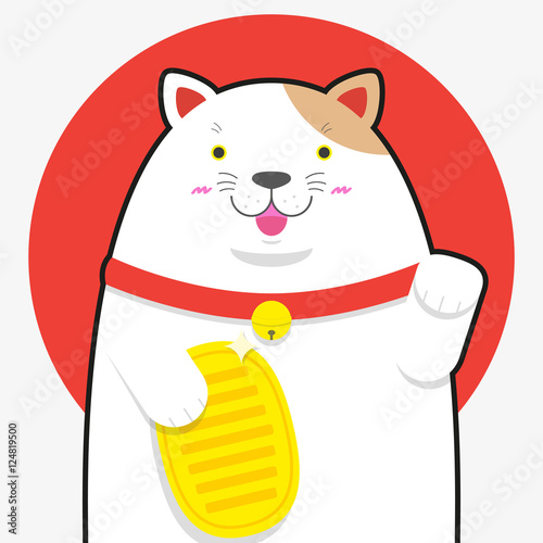 cute big fat Maneki neko lucky cat on Japan flag background