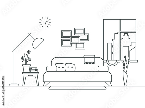 Living room with furniture interior in thin line style vector illustration