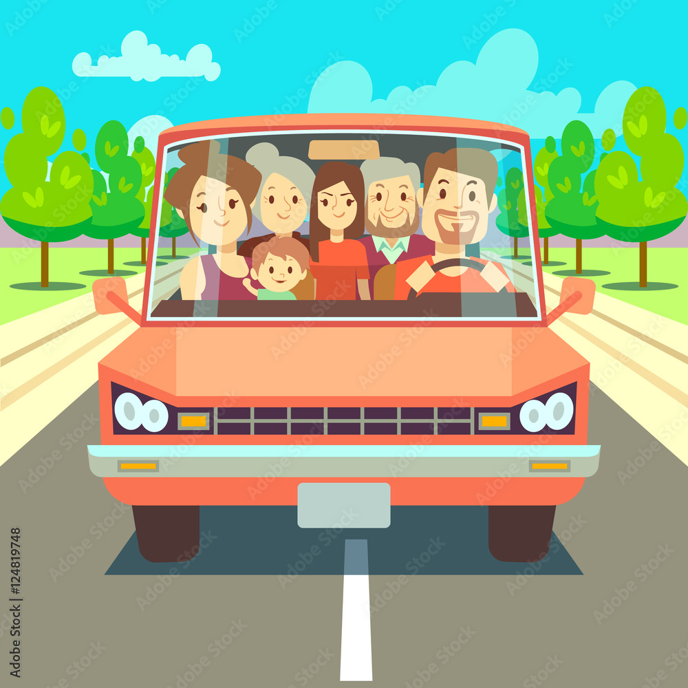 Happy family traveling by car driving on road. Vector illustration Happy family traveling by car driving on road. Vector illustration