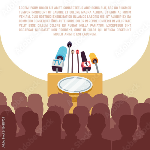 Rostrum, tribune with microphones in spotlight on stage vector illustration