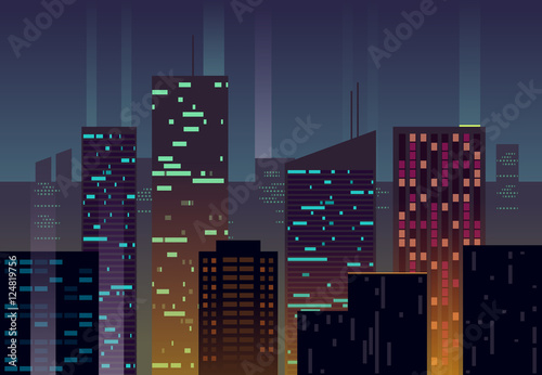 Night city, buildings with glowing windows at dusk vector urban background